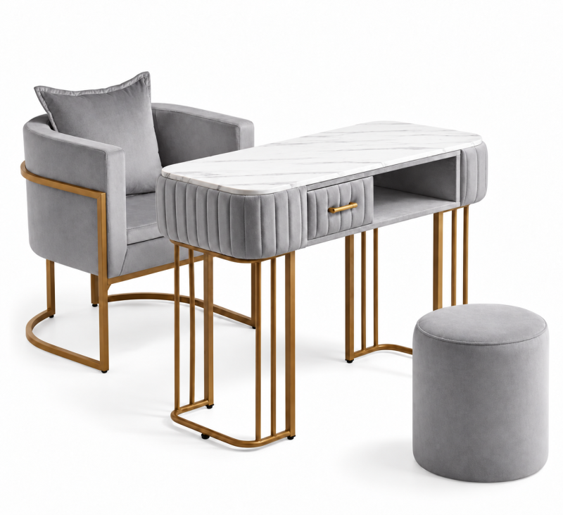 Conjunto de Manicura Profesional Gris y Dorado con Mesa, Sillón y Puff